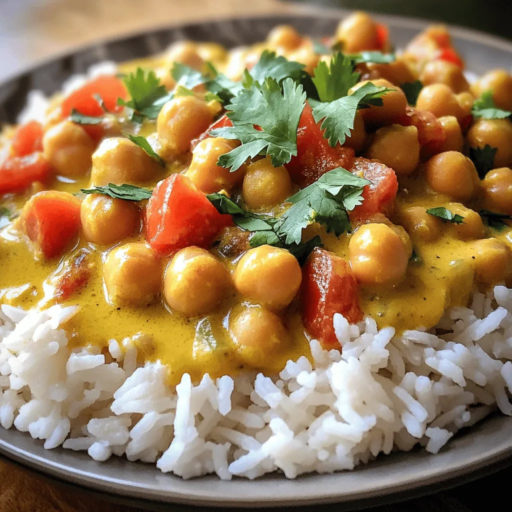 - 2 cans of chickpeas, drained and rinsed - 1 medium onion, finely chopped - 3 cloves of garlic, minced - 1 tablespoon ginger, grated - 1 can (14 oz) coconut milk - 1 cup diced tomatoes (canned or fresh)