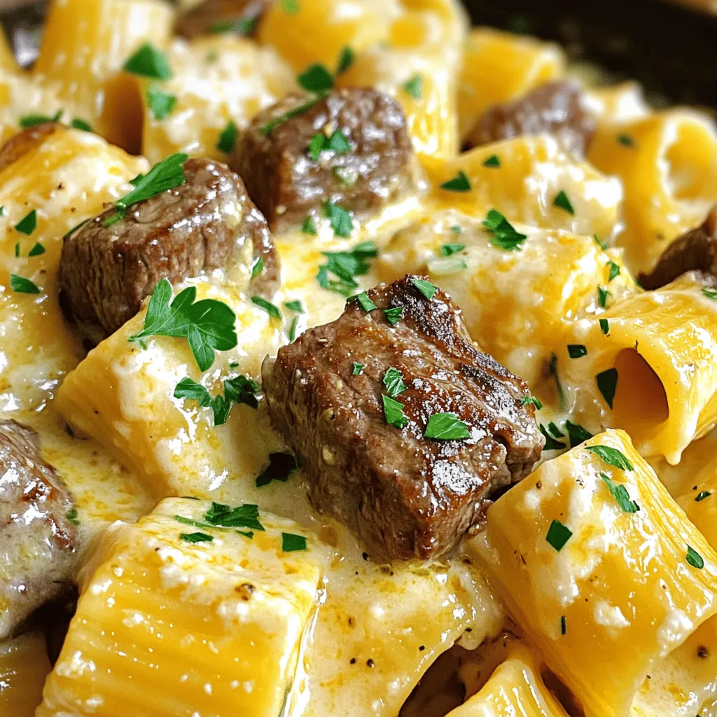 Garlic Butter Steak Tips with Cheesy Rigatoni Delight